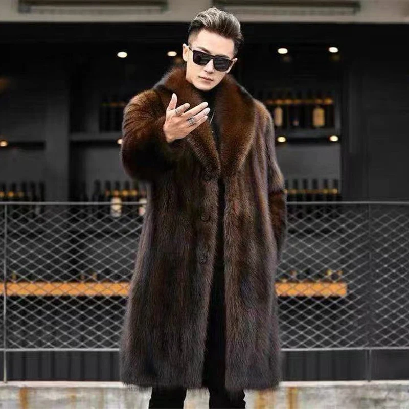 

2025 Winter Thicken Lapel Fluffy Jacket Man's Warm Outerwear Artificial Fur Coat Furry Overcoat Long Mink Fur Coat For Man