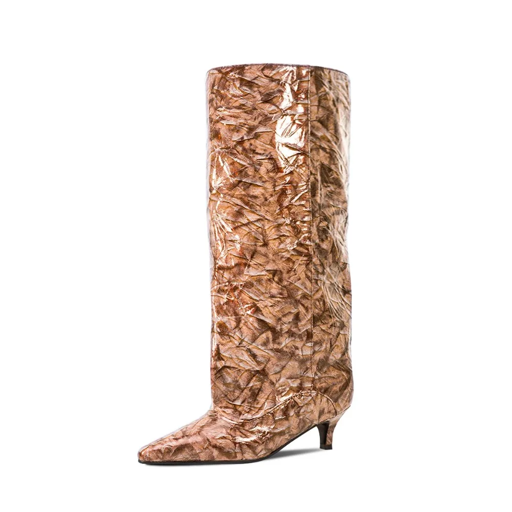 Women Vintage Crinkled Floral Print Knee Length Boots Pointed Low Kitten Heel Footwear for Daily Street Evening Party Dating