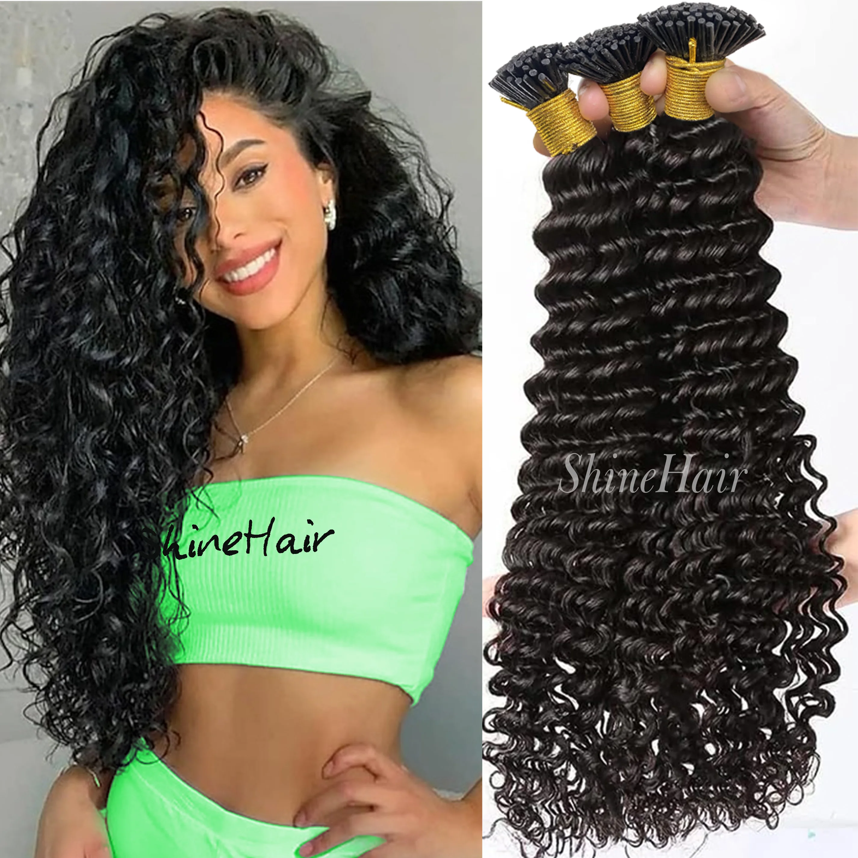 Shinehair I Tip Fashion Temperament 100% Natural Balck Weaving Deep Wave Hair Bulk For Braiding Extensiones No Bulk Human Hair