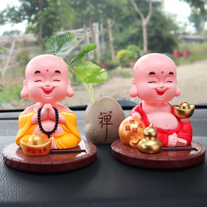 Solar Cute Buddha Wealth Mascot Ornaments Home Room Decor, Feng Shui Nod Maitreya Buddha Monk Figurine Car Interior Decoration