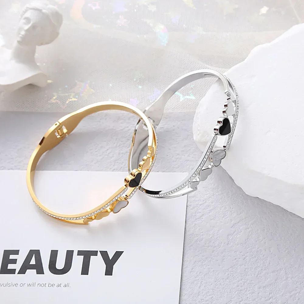 

Fashion Black White Zircon Love heart bangles For Women gold plated bracelet Stainless Steel Jewelry holiday party Gift