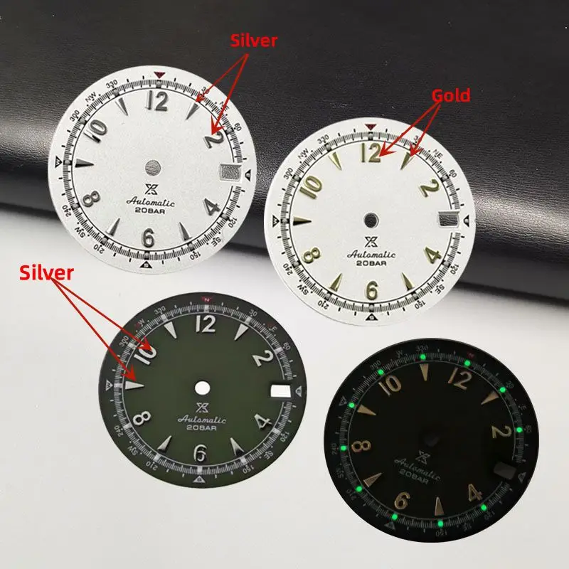 Watch Accessories 28.5mm Vintage Watch Dial Green Luminous Silver Gold Index Literal Fit for SKX NH35A 4R35 Mechanical Movement