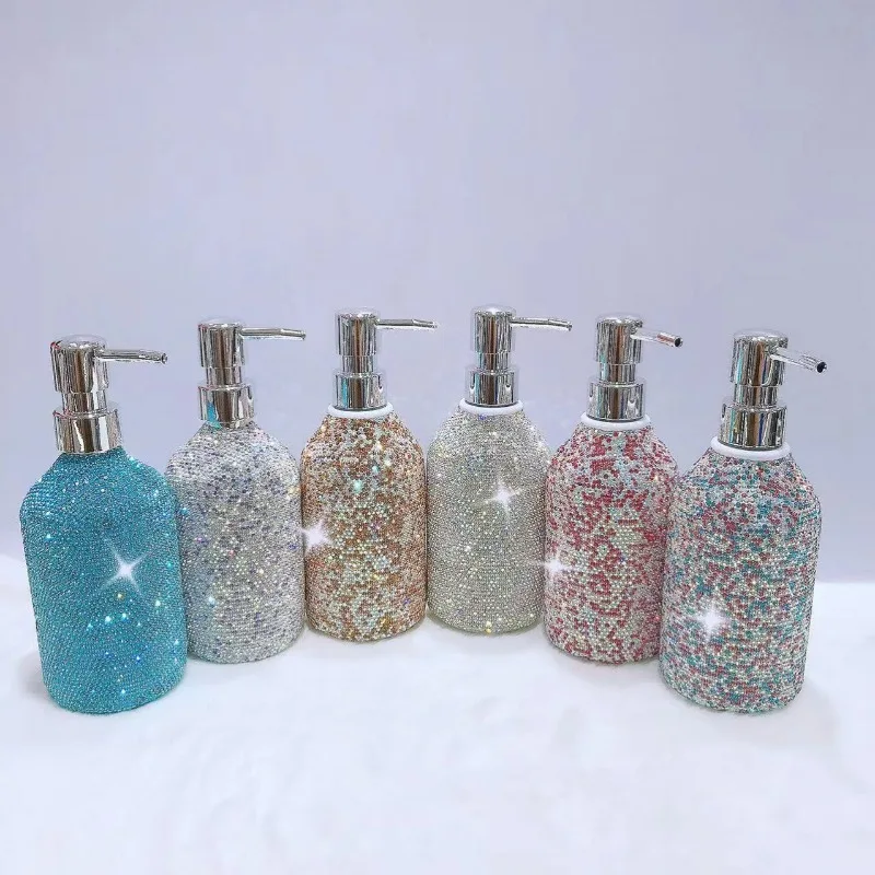 

Bling Diamond Hand Sanitizer Bottle 500ml Glass Bathroom Soap Shampoo Shower Gel Dispenser Liquid Lotion Refill Press Head Pink