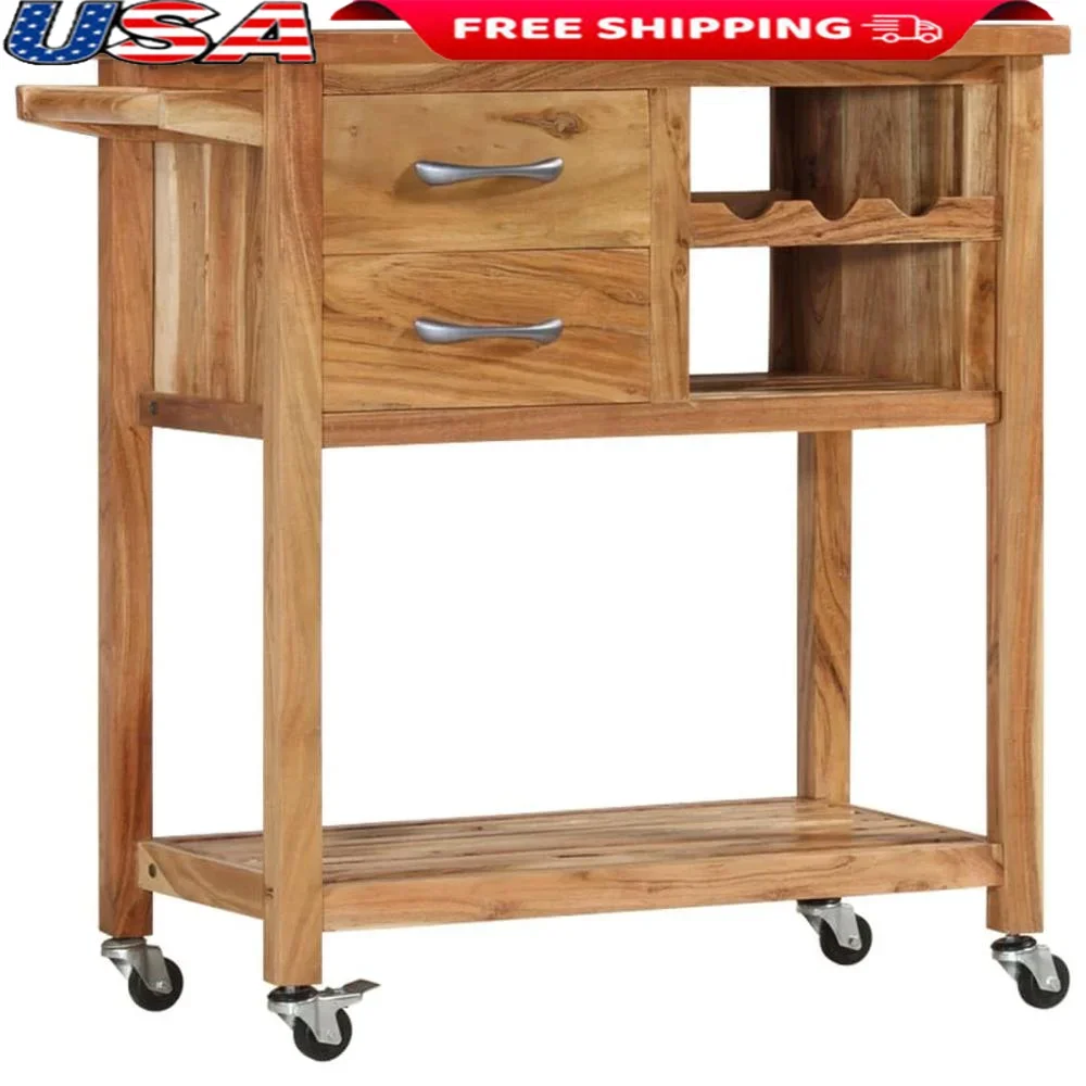 Acacia Wood Kitchen Trolley Cart Mobile Lockable Storage Unit 31.5x17.7x35.8 Drawers Shelves Solid Wood Hardwood Durable Kitchen