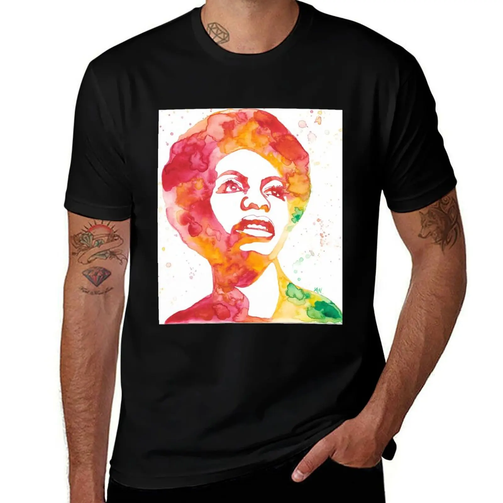 

Nina Simone in Red and Orange T-Shirt anime t shirts oversize man t shirts high quality luxury brand T-Shirt
