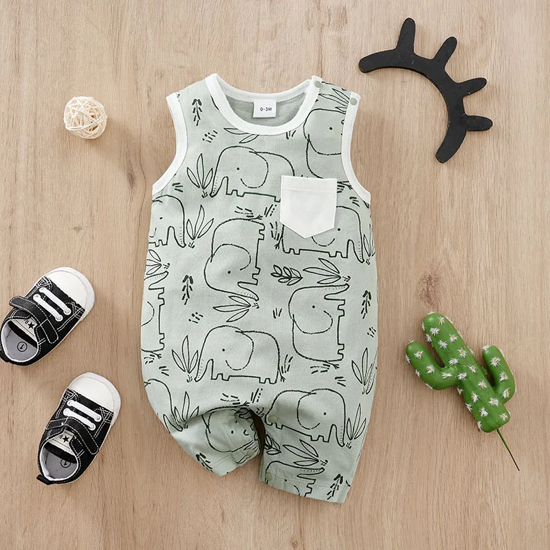 New Sleeveless Boys and Girls Baby Clothing Baby Clothing Pure Cotton Preschool Children's jumpsuit Clothing Summer Little Green