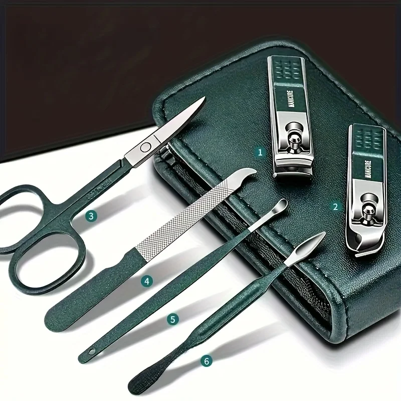 Juego de cuidado de uñas de 6 piezas: tijeras y cortaúñas de alta gama para hombres y mujeres, kit de manicura portátil con bolsa