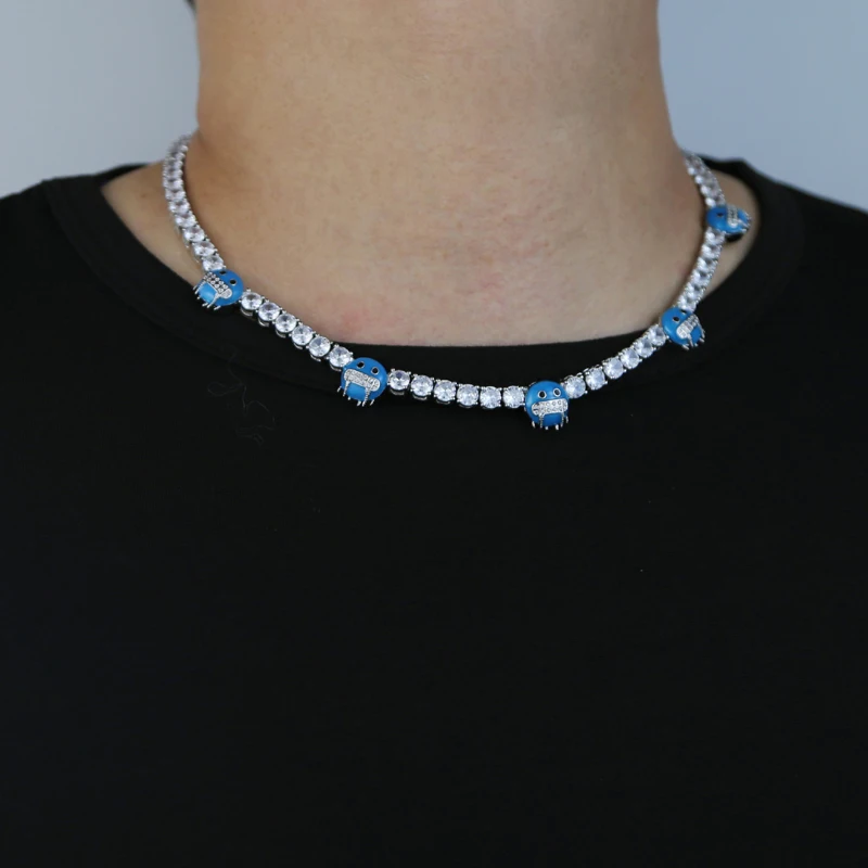 Iced Out Bling Blue Iceman Necklace Silver Color 5mm Tennis Chain
