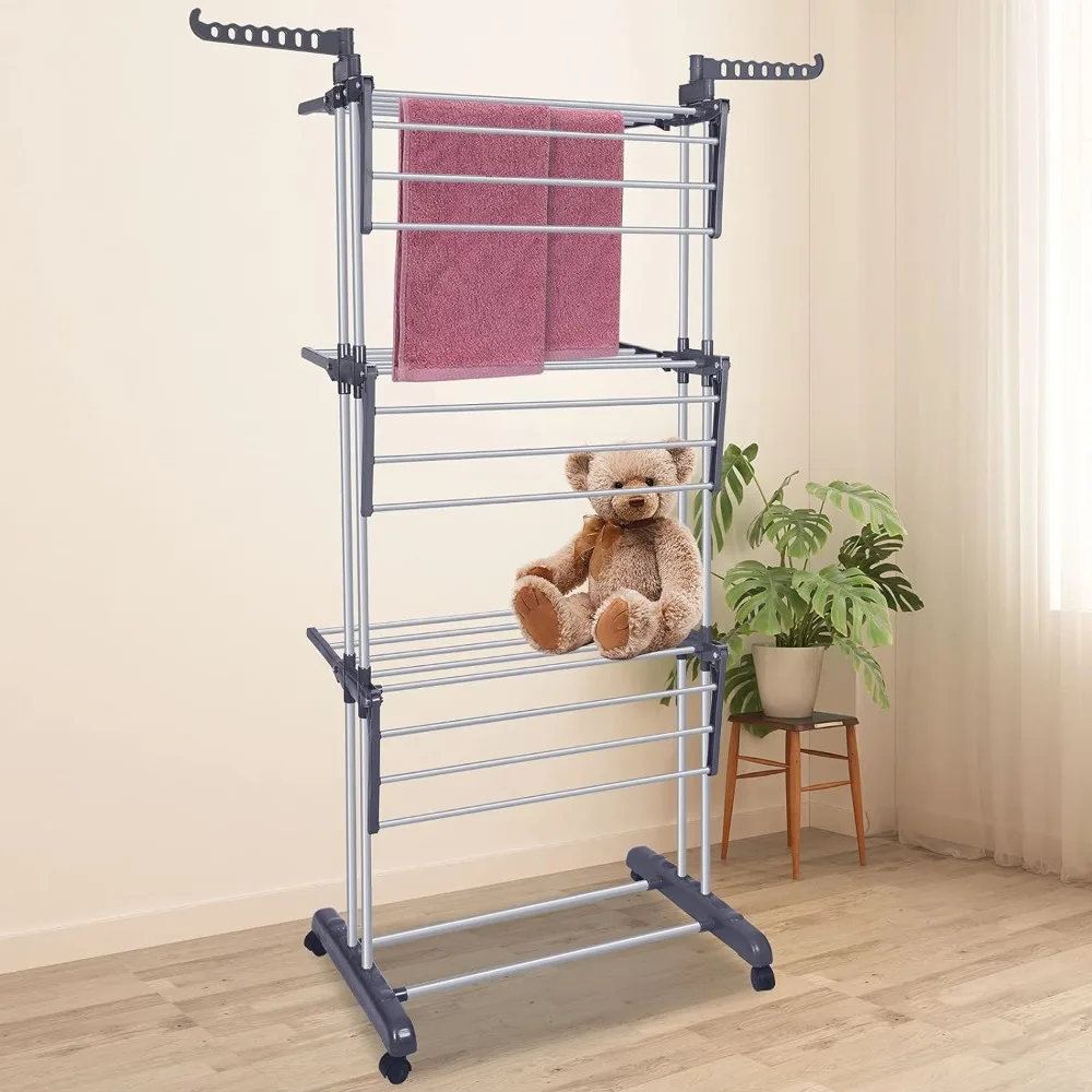 Bigzzia Clothes Drying Rack Folding Drying Clothing 4 Tier Clothes Horses Stainless Steel Laundry