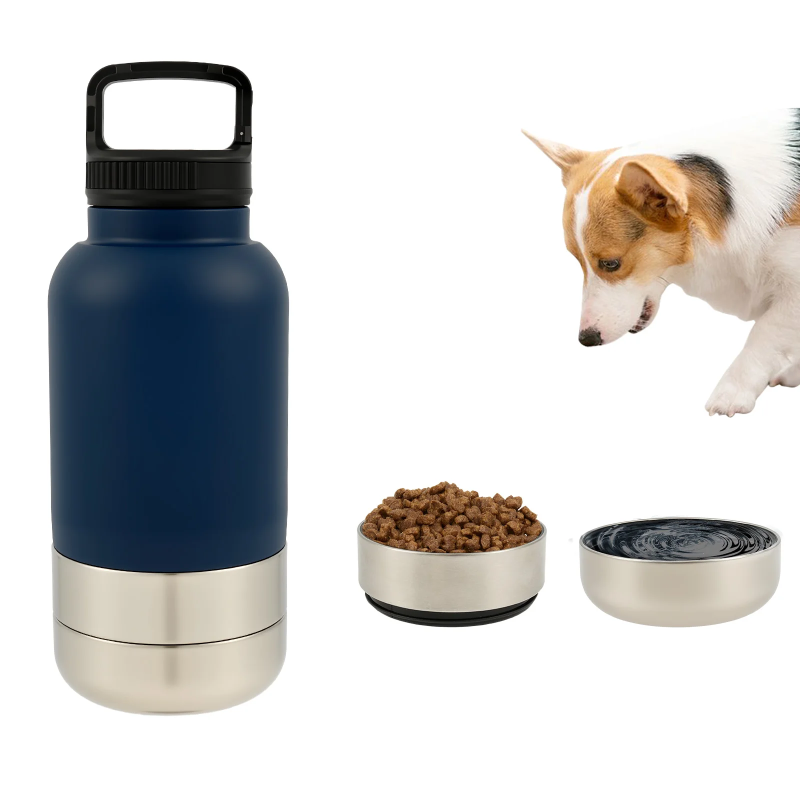 Edelstahl-Hundewasserflasche, 3-in-1-Hundetrinkflasche mit 2 abnehmbaren Schüsseln, 32 Unzen Haustier-Trinkbecher für Wandern unterwegs