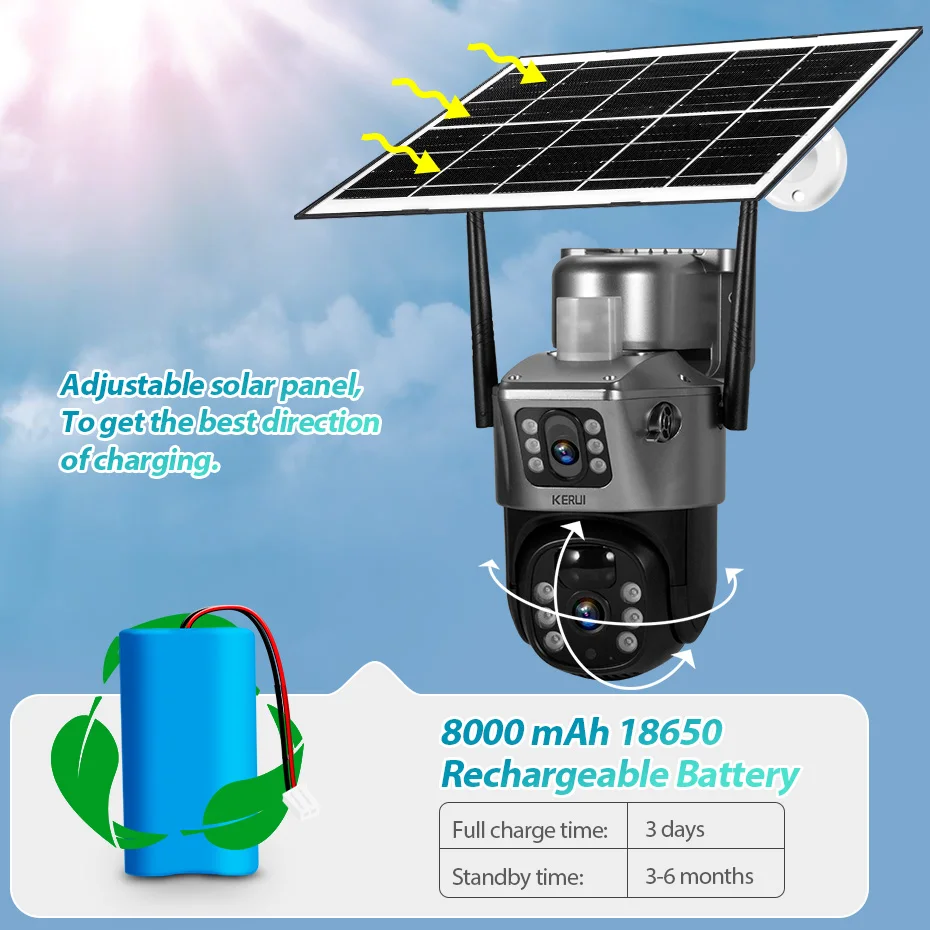 Imagem -02 - Kerui ao ar Livre Ptz 4mp 2k 4g Sim Wifi Painel Solar Lente Dupla Câmera de Segurança em Casa Cctv Vigilância de Vídeo Bateria Embutida