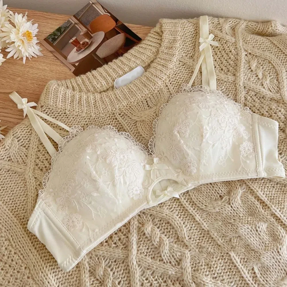 Modischer, atmungsaktiver Spitzen-Blumen-BH mit dünner Schleife, tiefer V-Ausschnitt, verstellbarer Push-Up-BH für Damen