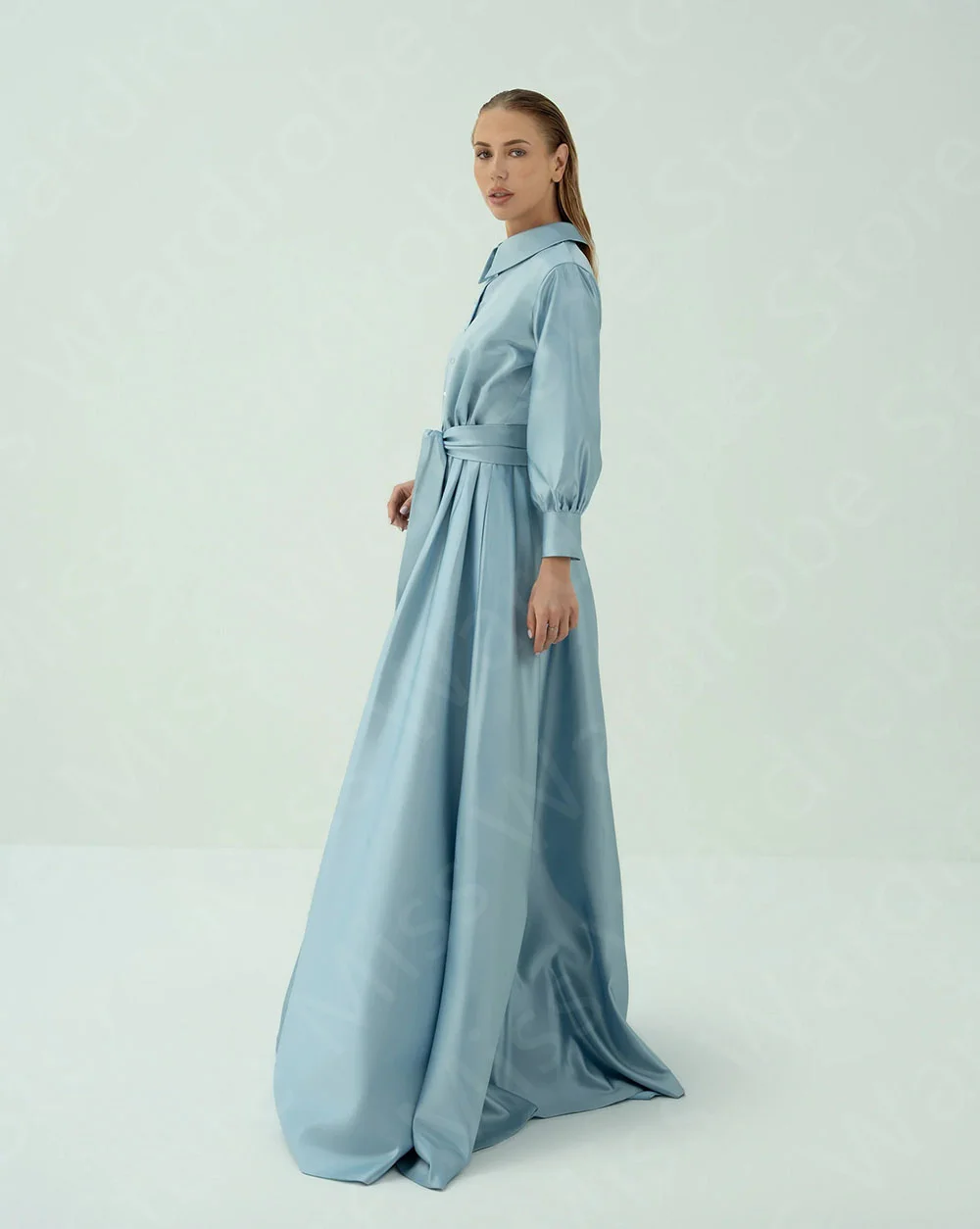 Maßgeschneiderte klassische babyblaue Abendkleider, bescheiden, 2025, Abschlussball-Party-Kleider, lange Ärmel, Hochzeitsgast-Kleider, Arabisch mit Gürtel – Detail 8