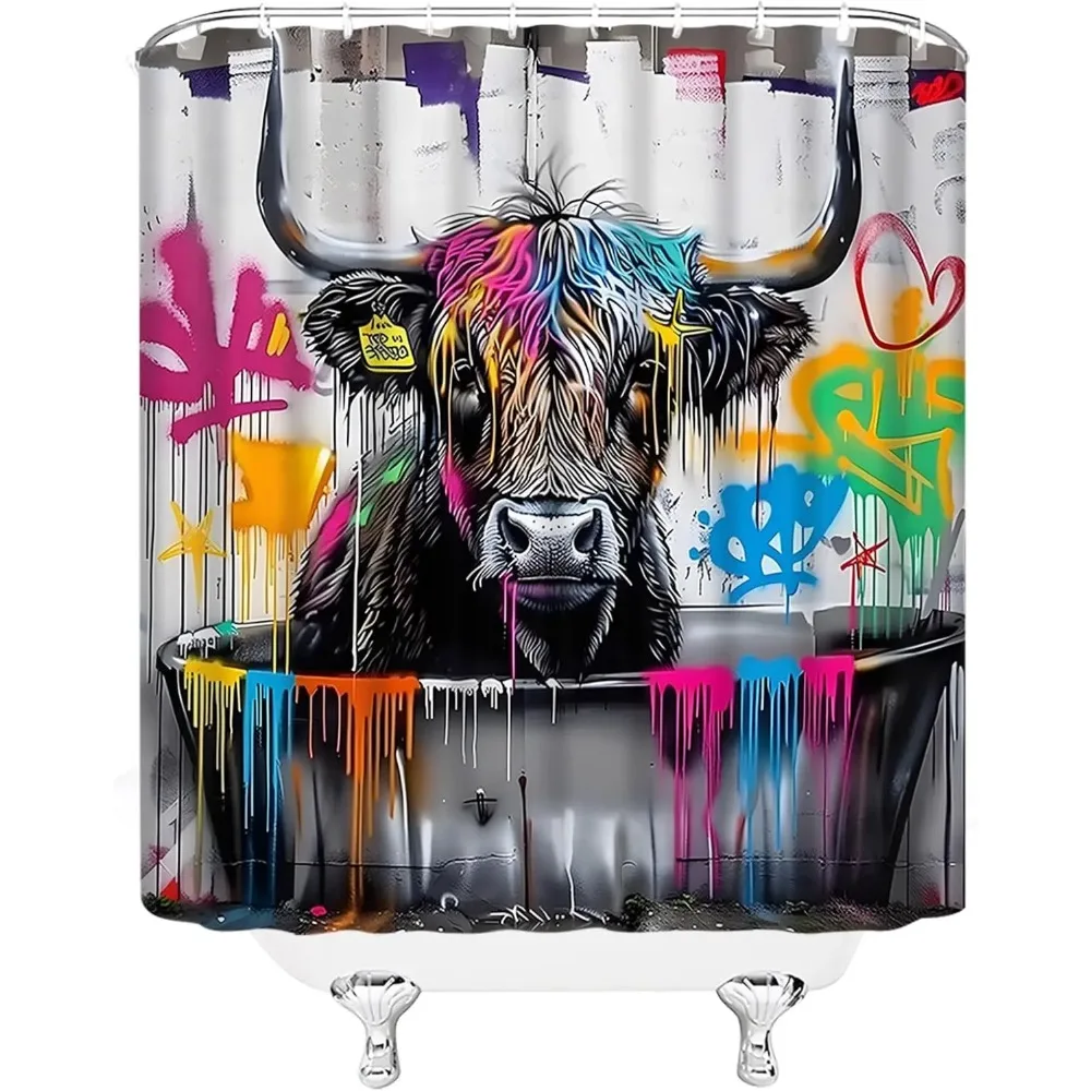 Highland Cow Shower Curtain, Farmhouse Animal Longhorn Abstract Graffiti Cattle Funny Bathroom Decor, Waterproof Fabric
