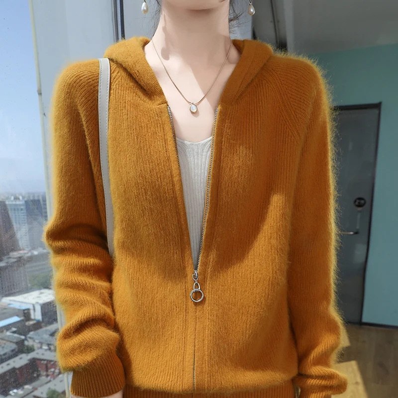 100% Pure Mink Cashmere Zipper Cardigan Women\'s Hooded Neck Knit Coat Hoodie Casual Loose Jacket Winter Long Sleeve Thicken Tops