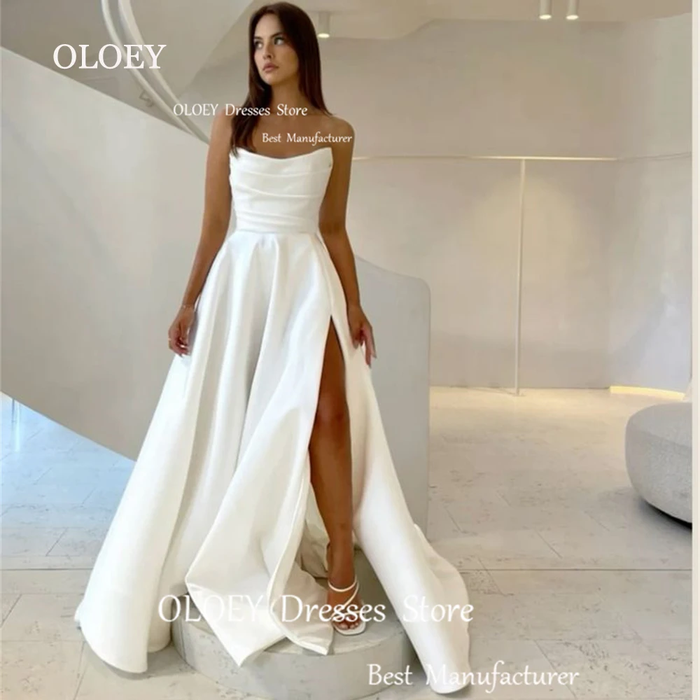 OLOEY Elegant Pleated Satin Wedding Dress High Slit A Line Sleeveless Bridal Gown Ivory Long Custom Made Robe De Marriage