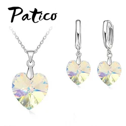 Austrian Crystal Genuine 925 Sterling Silver Jewelry Sets Heart Stone Pendant Necklaces Drop Earrings Woman Accessories Gift