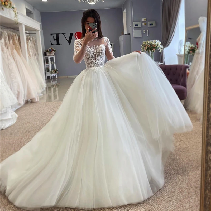 

LORIE Ivory Lace Wedding Dresses Pleats Crystal Bride Long Sleeve High Neck Dress Wedding Gowns 2023