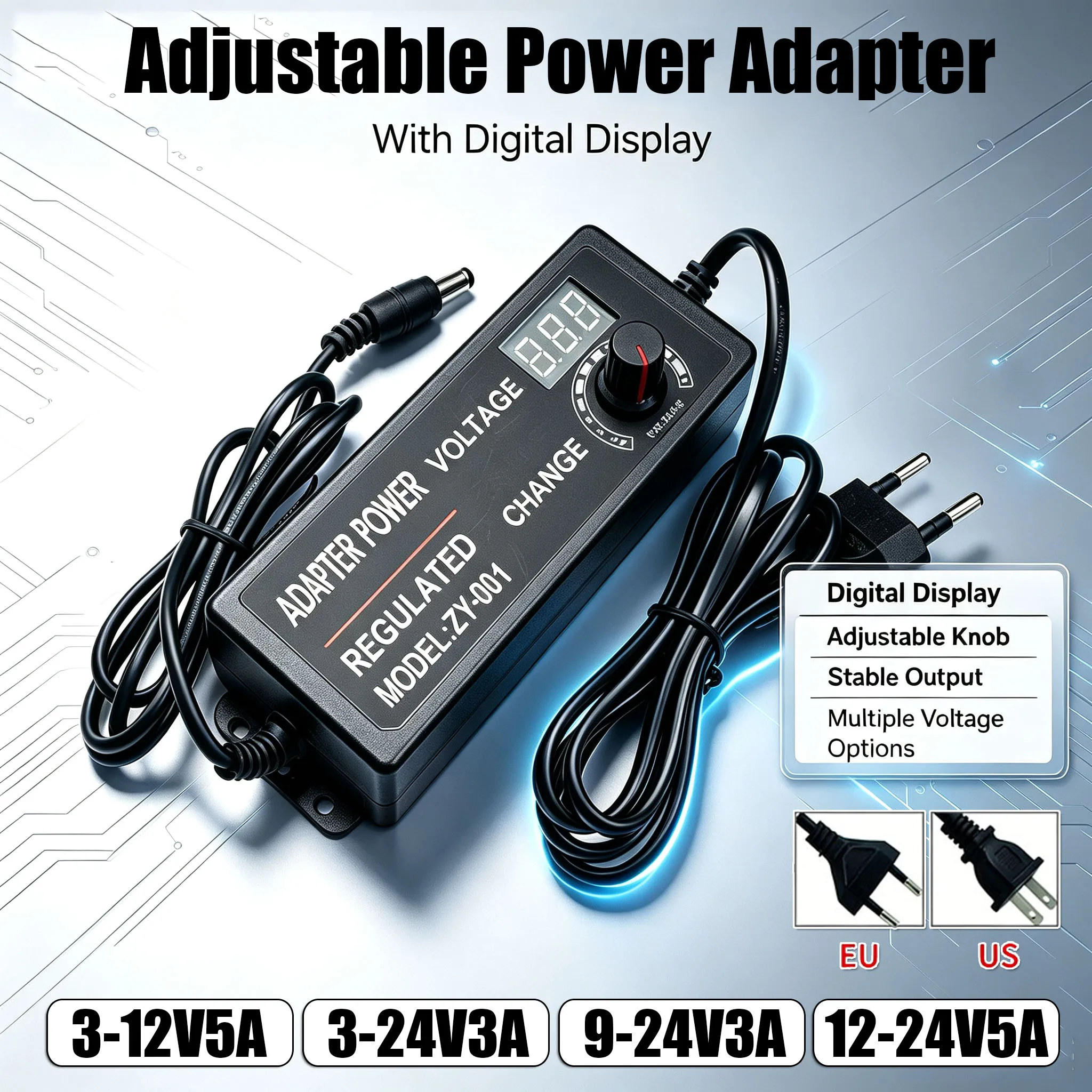 EU/US 3V-12V 3V-24V 9V-24V 12V-24V3A 5A Adjustable Power Supply Adapter with Screen Universa Adapter LED Lighting Transformer