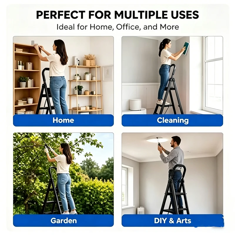 4-step - Heavy duty folding ladder, compact and foldable, saving storage space. Thick integrated metal frame with high load-bearing capacity and long service life. Wide anti slip steps, stable and comfortable standing. Very suitable for home, garage, and