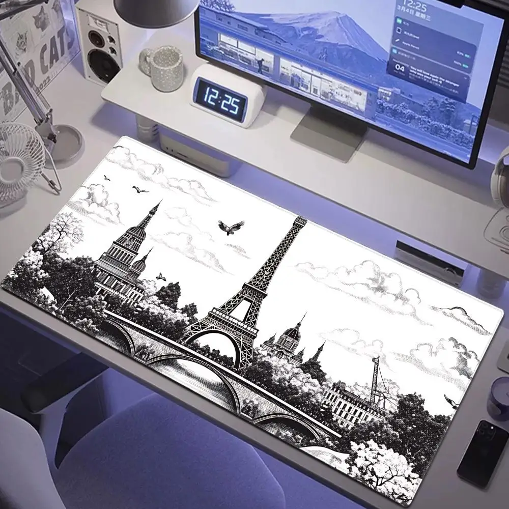 

HYBXAXC Paris Eiffel Tower Desk Mat, Black White Sketch Mouse Pad, Non-Slip Keyboard Pad for Office Gaming