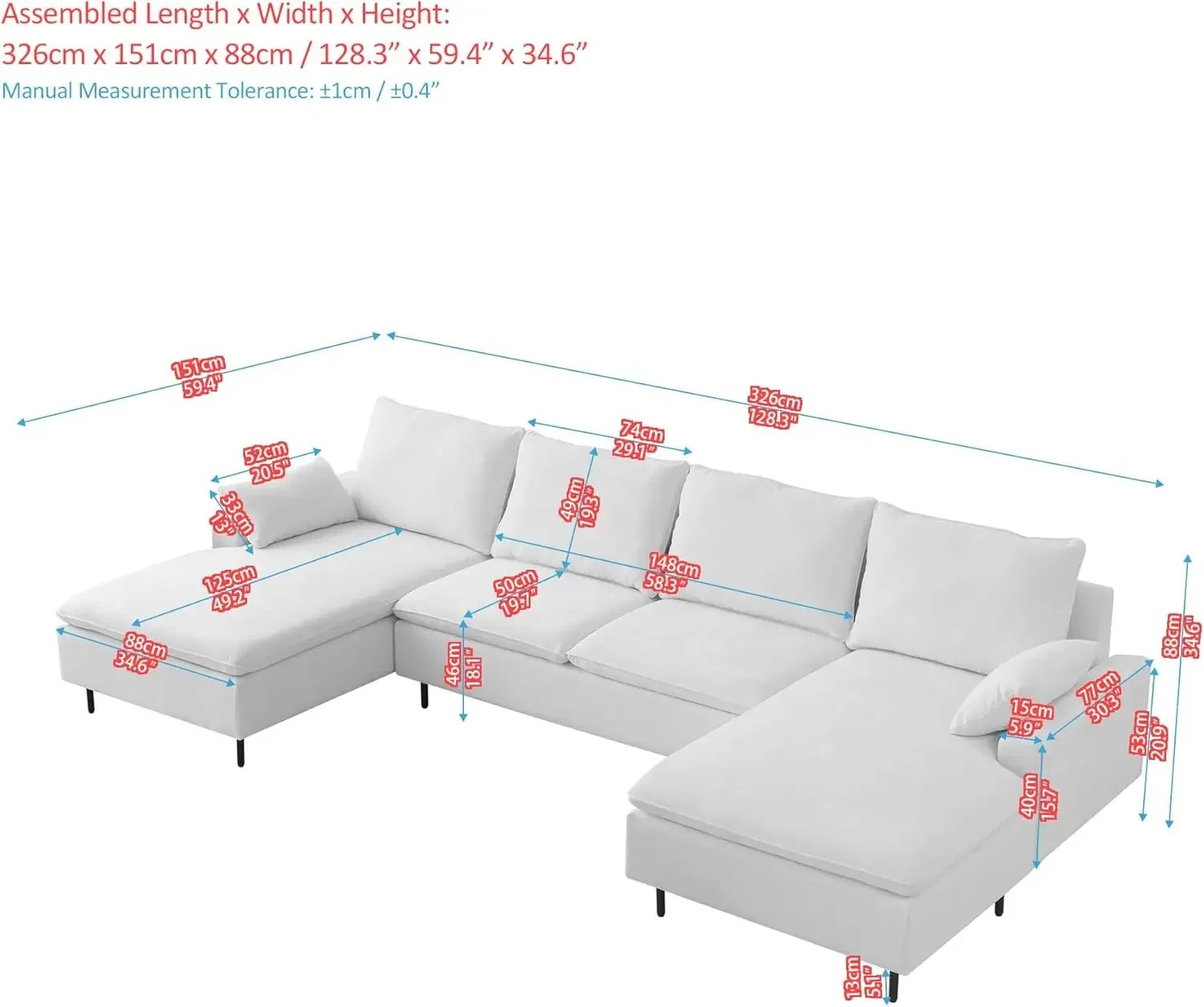 128'' Linen Convertible U-shaped Sectional Sofa with Double Chaises, Metal Legs and 2 Toss Pillows for living room,Beige