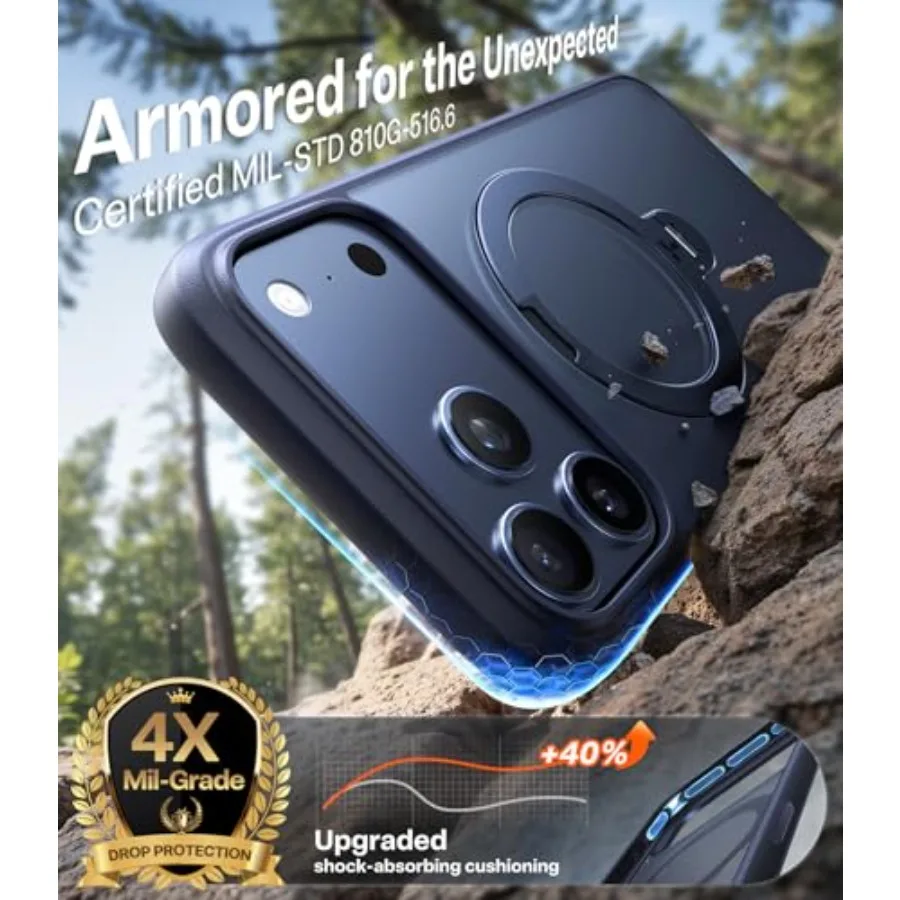 حافظة تحكم في الكاميرا بحامل مغناطيسي 360 باللون الأزرق العميق مع حماية عسكرية ضد الصدمات لهاتف iPhone 17 Pro Max متوافقة مع الذراع