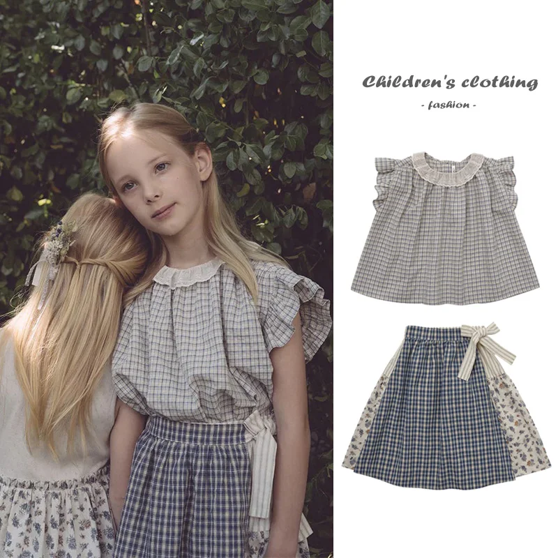 

2025 Summer Girl Clothes New LOU Fashion Elegant Plaid Top Girl Splicing Half Skirt 100% Cotton Boutique Children's Clothing