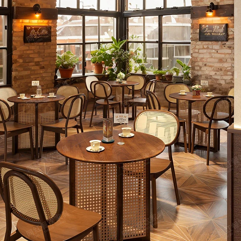 

Retro cafe fusion dining bar restaurant solid wood rattan table and chair combination