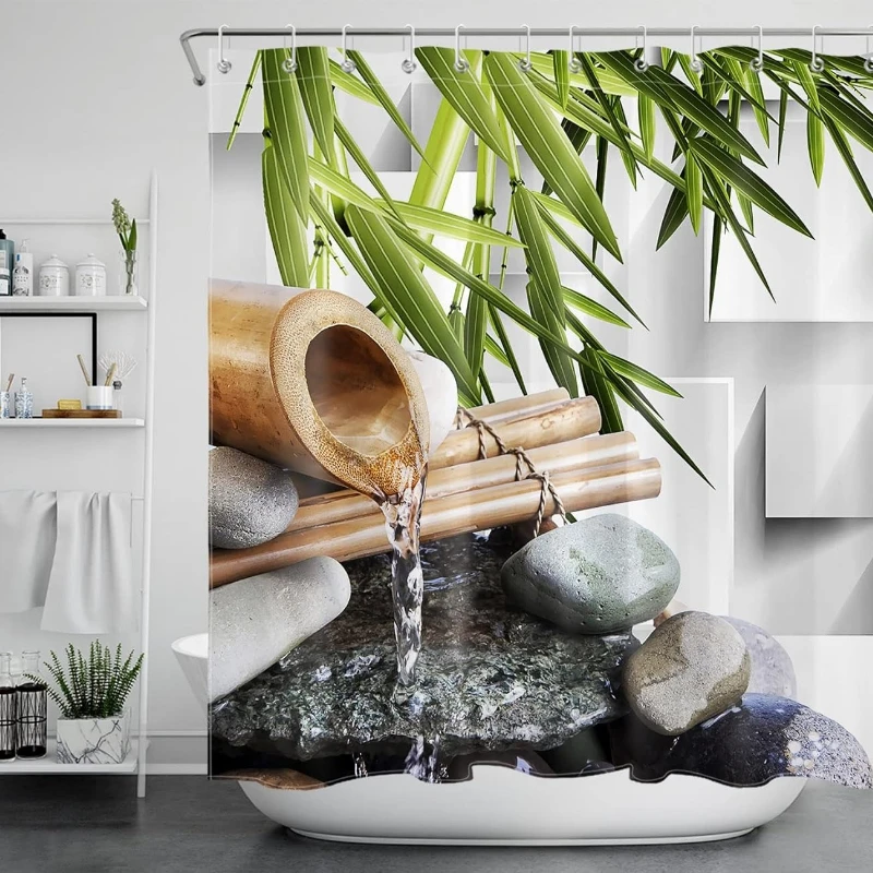 

Японская бамбуковая занавеска для душа, азиатский спа-салон, дзен, каменный комплект занавесок для душа, современная занавеска для душа в стиле рок для ванной комнаты, водонепроницаемая ткань