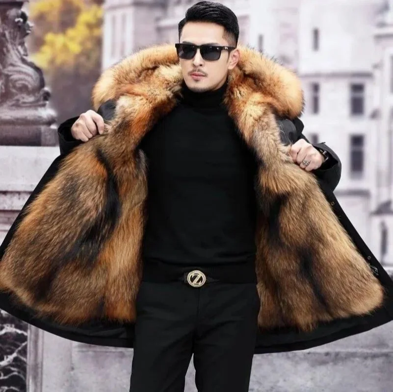 Męska parka z odpinanym kołnierzem ze sztucznego futra, średniej długości, zimowa kurtka z długim rękawem, z kapturem, codzienna odzież wierzchnia.
