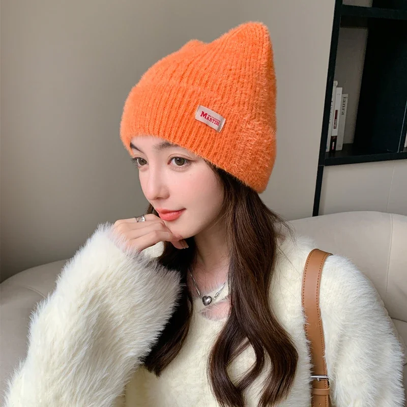 New Women Cute Cat Ear Earflap Winter Hat Fashion Faux Fur Knitted Hat Kpop Style Soft Beanie Hats Candy Female Streetwear Cap