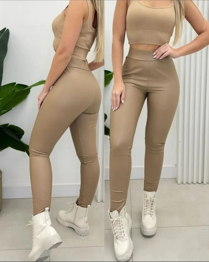 High waisted design wool lined PU leather pants