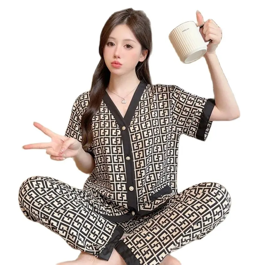 M-4XL Loose Soft Luxury Women Pajamas Set Brand Sleepwear Print Letter Smooth Pajama Set Casual Home Clothe Nightclothes Summer