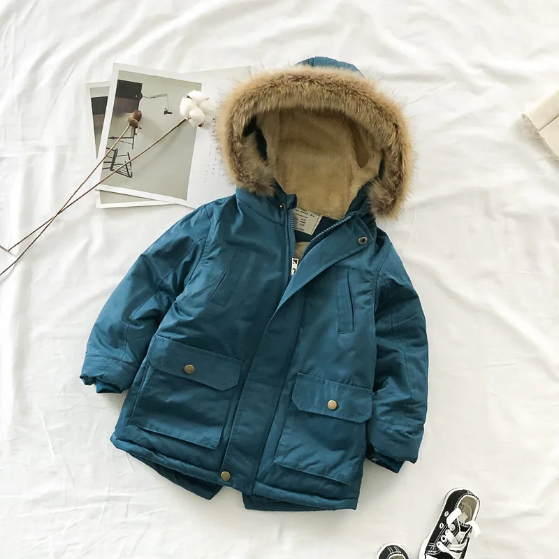 Winter New Boys' Cotton Padded Clothes Small Medium Large Children's Clothes Pocket Windbreaker Hooded Coathooded Casacos De