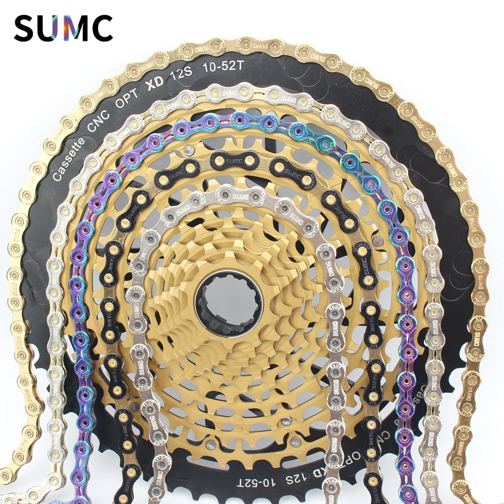 SUMC Bicycle chain Gold Silver Rainbow Bike Chains 12 Speed X12EL X12SL Hollow Ultralight MTB/Road Bike 126L with Magic Buckle