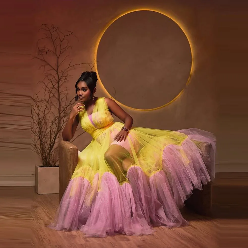 Mixed Color Girls Birthday Dress V Neck Sleeveless See Through Tulle Pink And Yellow Party Dress Maid Of The Honor Gowns