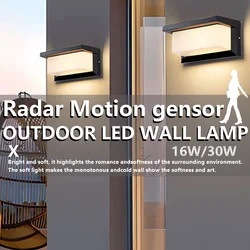 โคมไฟติดผนัง LED Motion Radar Sensor AC85-265V 16 W/30 W ABS กันน้ําสําหรับตกแต่งสวนในร่มกลางแจ้ง Porch Path Wall ไฟ