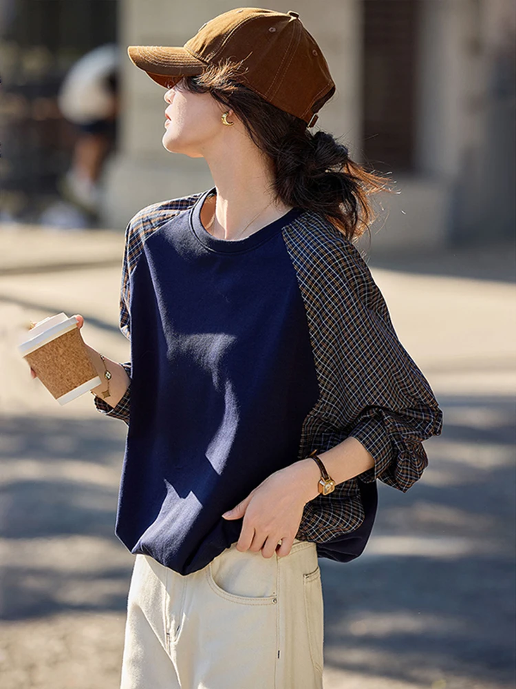 

Korean Casual Sle Plaid Loose Women's Sweatirt Spring Autumn New Arrival Patchwork Design Comfortable round Ne Top
