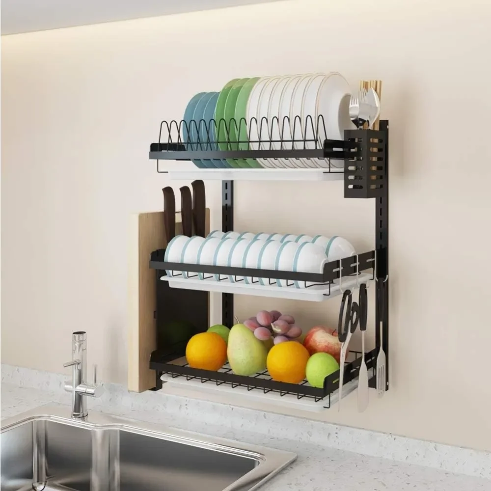 %a 3 Tier Black Stainless Steel Dish Drying Rack Fruit Vegetable Storage Basket with Drainboard