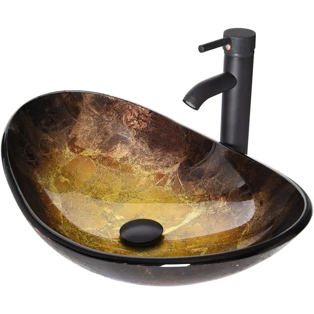 Bathroom Sink Boat Shape Bathroom Art Glass Container Bowl Basin With Free Oiled Rub Bronze Faucet and Pop Up Drain Countertop