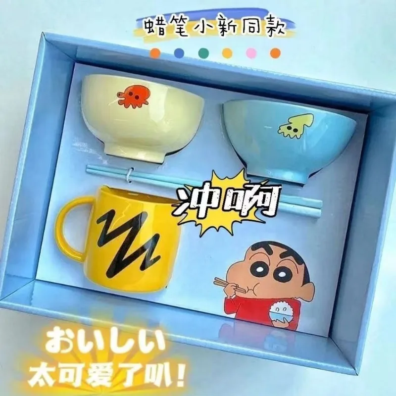 Crayon chan-chan mangkuk Mug anak-anak kartun sumpit piring cangkir susu mangkuk nasi peralatan makan keramik krayon chan-chan hadiah gadis