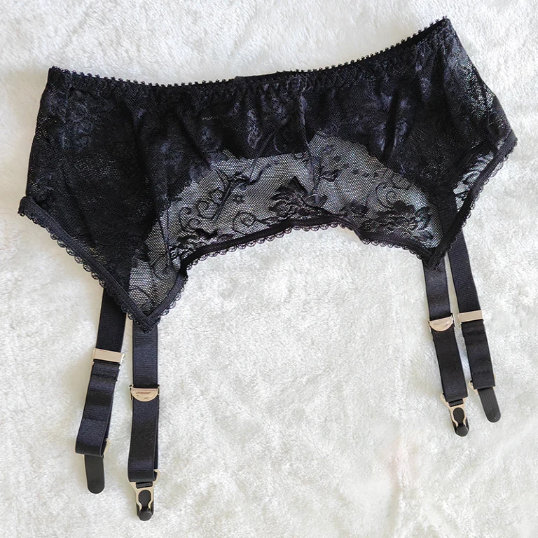Elegant Black Full Lace Hollow Smooth Embroidery Adjustable Wide Suspenders Metal Garter Clips plus Size Home Comfort Underwear