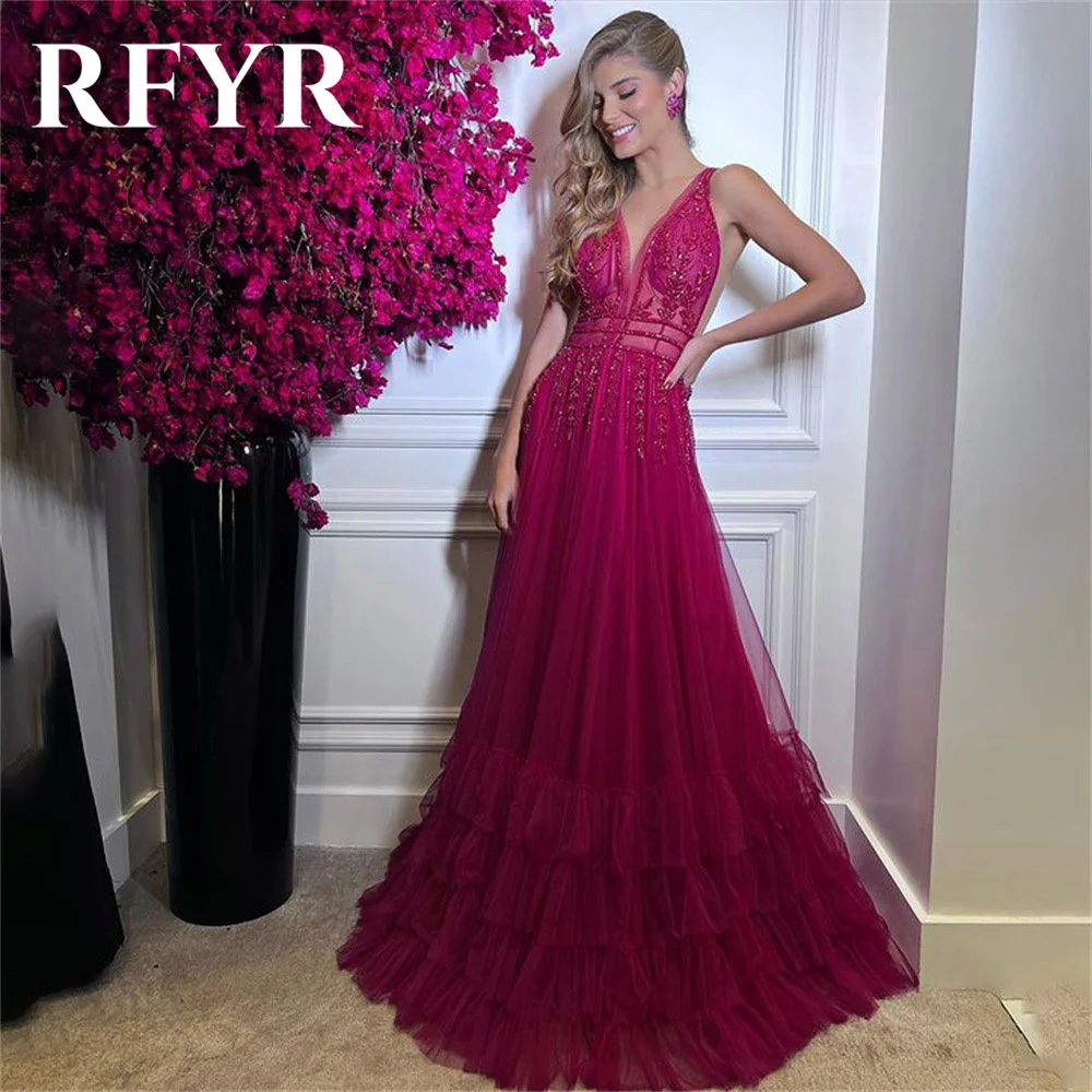 RFYR A Line Evening Gown Tulle Elegant Prom Dress Spaghetti Strap Wedding Evening Dress With Appliques Beading robes de soirée