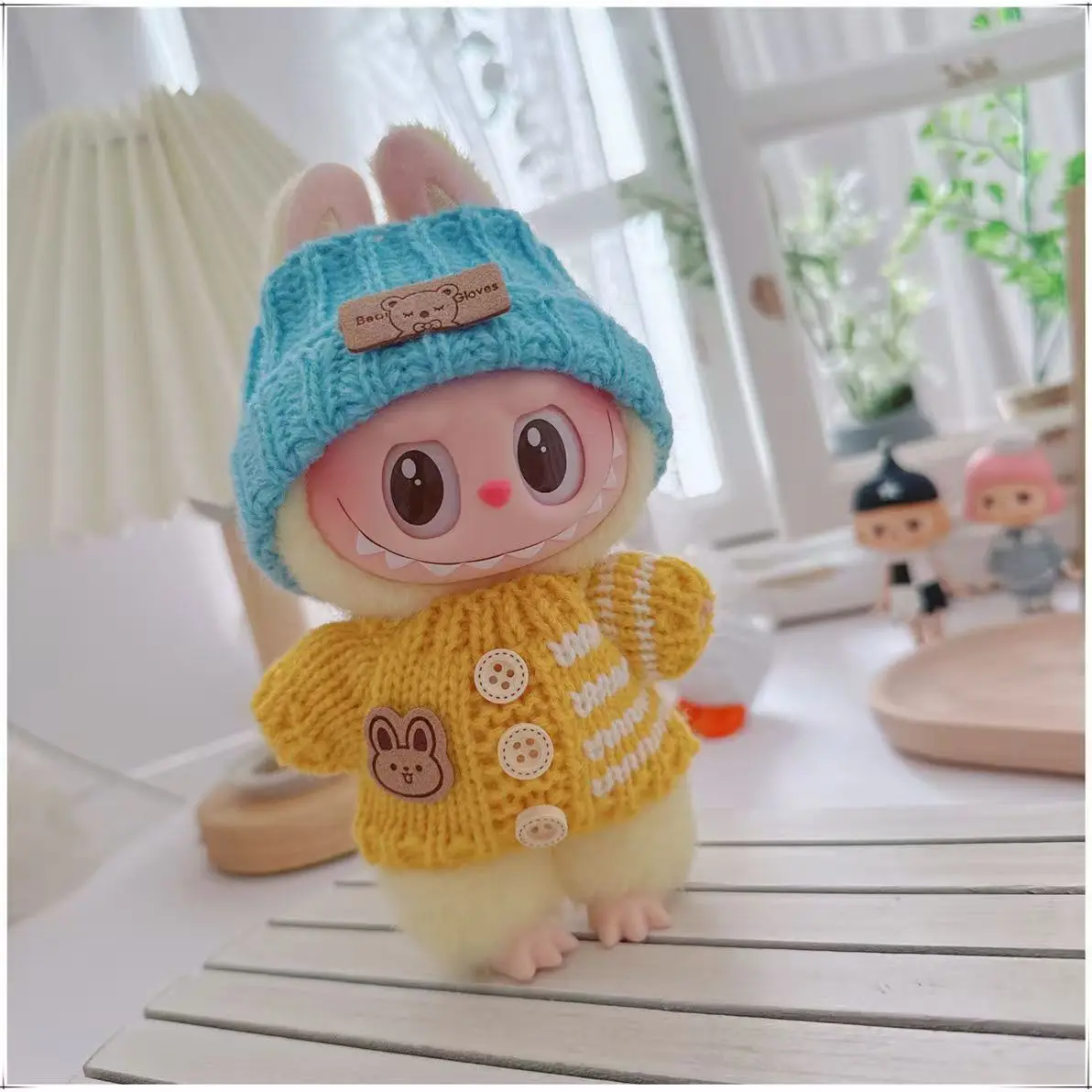 

For Cute Labubu Bunny Doll Accessories with Knitted Clothes Rabbit Ears Hat Heart Sweater for Toy Collectors Clothes