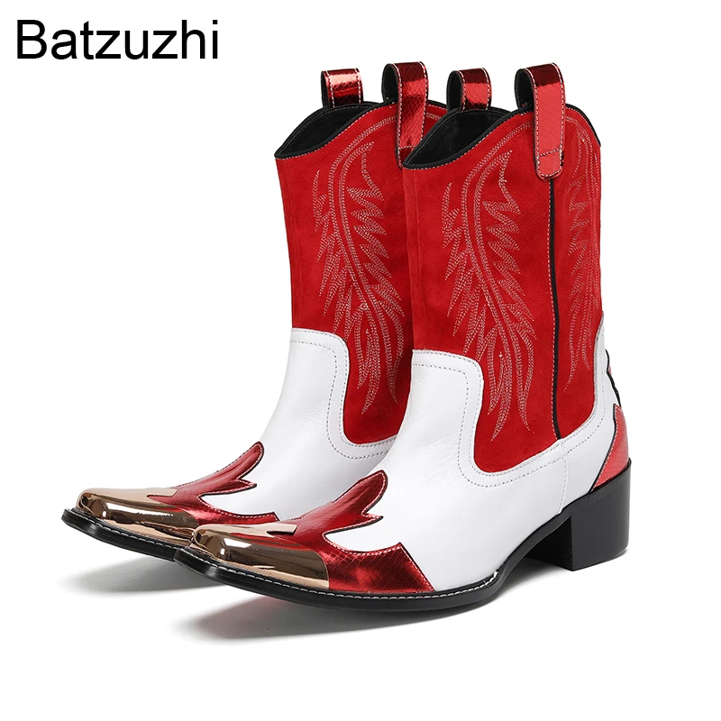 

Batzuzhi Western Cowboy Men's Boots 6.5cm Heels Red White Mid-calf Leather Boots Man with Iron Toes Punk Motorcycle Boots Man!