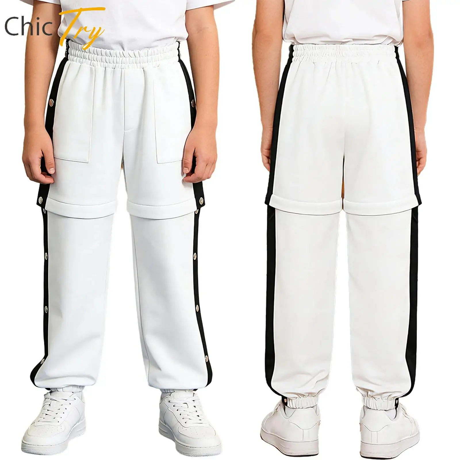 Kinder Jungen Workout Basketball Hosen Hosen Dehnbare Seite Split Druckknopf Zip-off Hosen Kontrast Trim Jogginghose Sportbekleidung