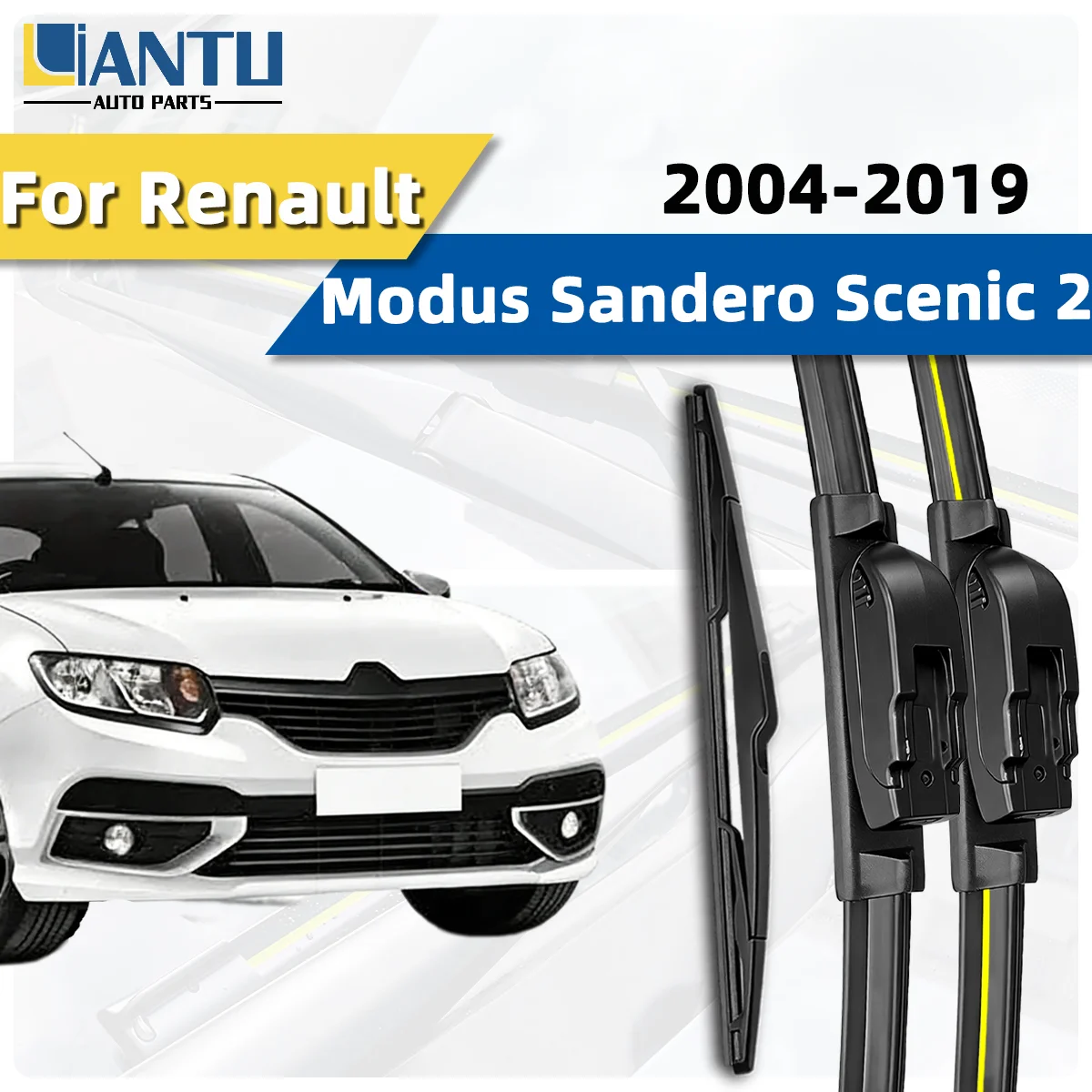 3 Stück Scheibenwischerblätter vorne und hinten, passend für Renault Modus Sandero Scenic 2 II 2004–2019, Premium-Quiet-Streak-Free-Autozubehör