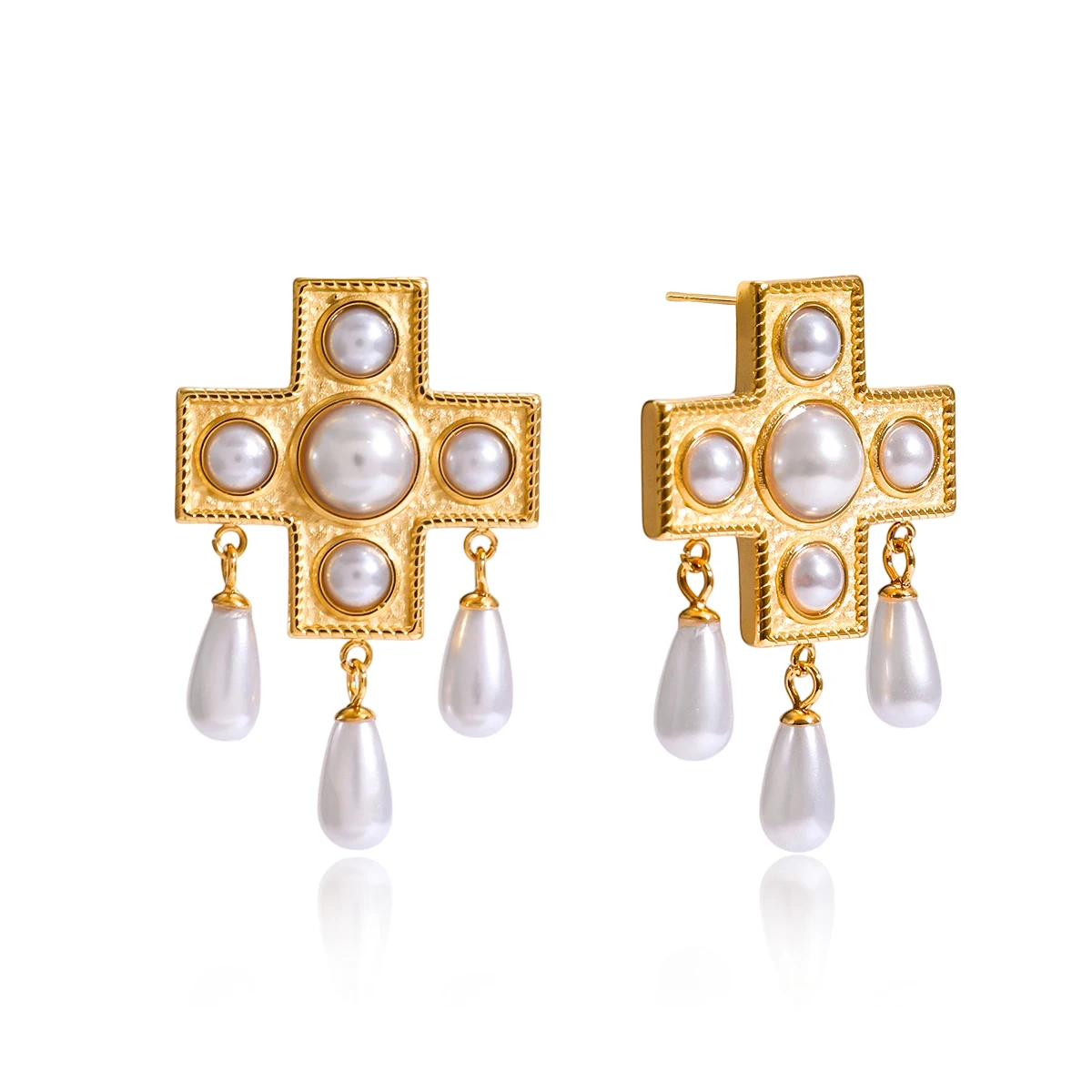 

Elegant Imitation Pearl Earrings For Women 18K Gold Plated Stainless Steel Cross Earrings Fashion Jewelry Girls Gift