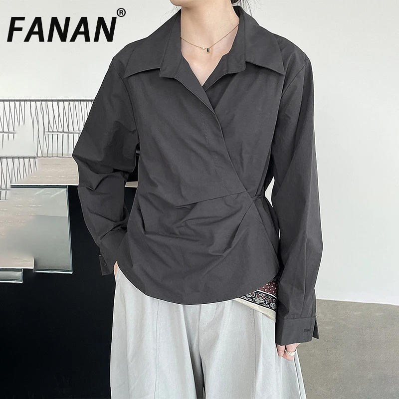 

FANAN асимметричные рубашки со шнуровкой и присборенной талией для женщин, офисные женские однотонные блузки с лацканами, женские топы, мода 202, осень, новинка